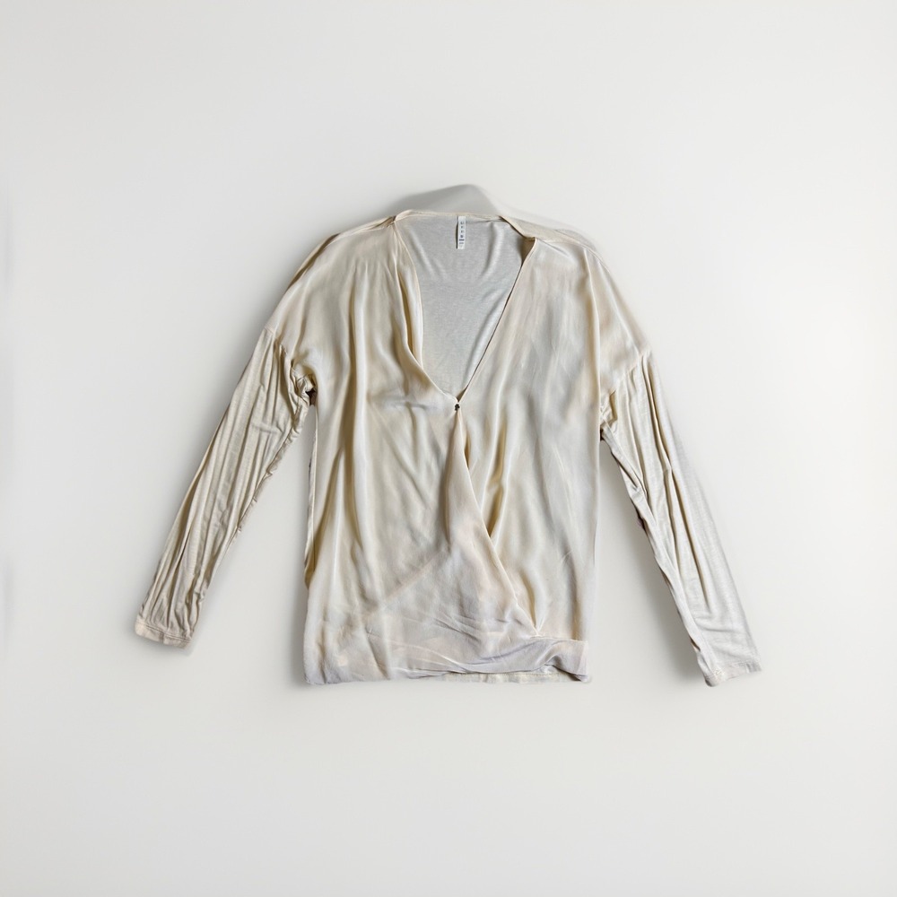 Liis Japan Silk V Neck Wrap Blouse Ivory Cream Cross Button, Size L, Designer